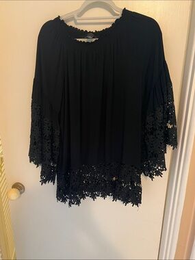 Colleen Lopez Black Crochet-Hem Tunic Top